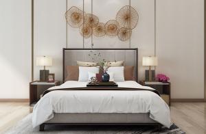 新中式软包床头双人床、墙饰茶盘