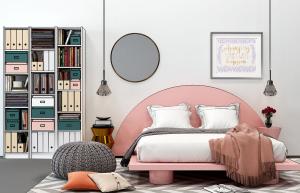 北欧粉色圆形床头儿童床、床头水晶吊灯