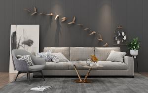 现代沙发、茶几、休闲椅和立体墙饰组合