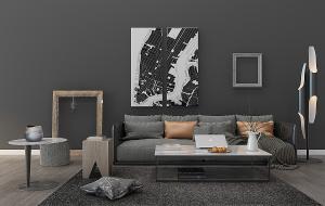 现代沙发、茶几、方形坐凳和落地灯组合