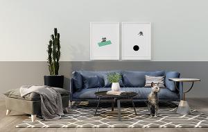 北欧沙发、茶几、方形坐凳和仙人掌组合