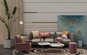 北欧沙发、茶几、圆形坐墩和植物盆栽组合