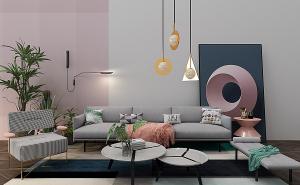 北欧沙发、茶几、卧榻和吊灯组合