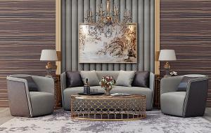 简欧沙发、茶几、台灯和吊灯组合