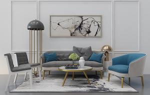 北欧沙发、茶几、休闲椅和落地灯组合