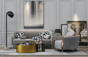 现代轻奢沙发、茶几、单人沙发和装饰画组合