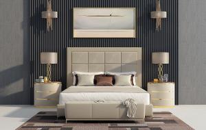 现代轻奢软包双人床、镶嵌金边床头柜组合