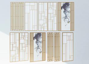新中式金色栅格装饰水墨国画屏风隔断