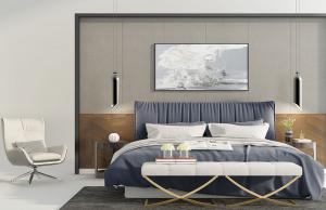 现代布艺软包双人床、休闲椅组合