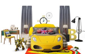 儿童汽车造型双人床、窗帘组合
