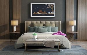 新中式皮革软包双人床、装饰画组合