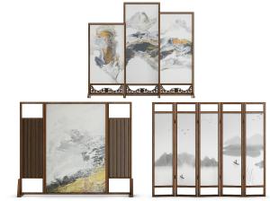 新中式山水国画装饰的屏风隔断