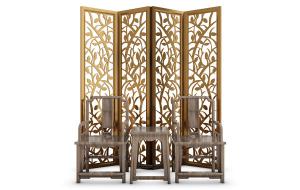 新中式树枝树叶金属屏风隔断、太师椅