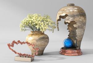 残损陶器罐、土陶花瓶饰品摆件