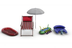 儿童水上游乐设备充气船、太阳伞躺椅3d模型 儿童水上游乐设备充气船、太阳伞躺椅