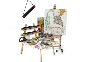 颜料、画板和画笔等美术用品组合