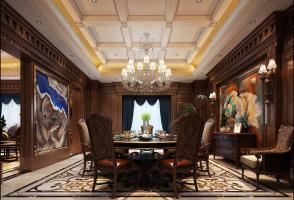 红色调木纹护墙板、方格吊顶欧式餐厅