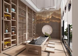 有假山灯光墙的茶室