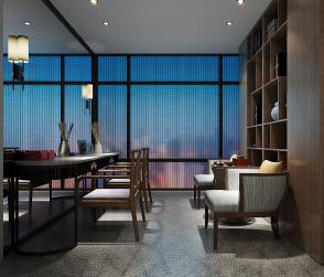 一侧为玻璃墙的新中式书房