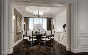 大面积白色墙板、圆形吊顶的欧式餐厅