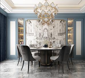 有黑装饰线吊顶的欧式古典餐厅