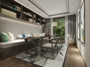 一侧吊顶有灯槽的新中式书房、茶室