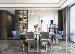 吊顶有金属边的轻奢餐厅
