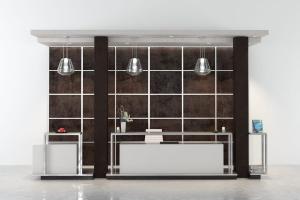 新中式铁艺装饰的前台接待台、背景墙