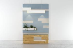 北欧实木几何镂空前台接待台、带绿植背景墙