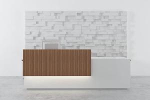 白色装饰实木围挡的前台接待台、文化石背景墙