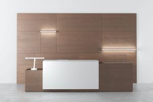 现代实木色和白色混搭的前台接待台