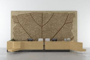 新中式实木异形前台接待台、叶脉图案背景墙