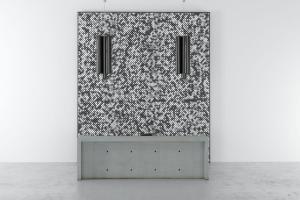 新中式水泥饰面前台接待台、带壁灯的背景墙