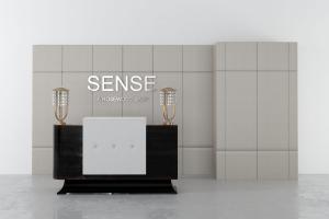 现代黑白拼接前台接待台、台灯