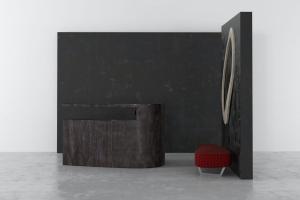 现代实木圆角前台接待台、红色坐凳