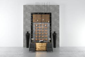 新中式金箔装饰的前台接待台、带烛台的背景墙