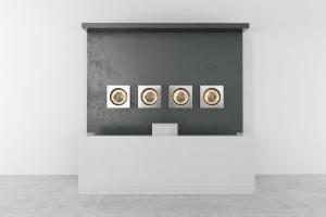 新中式灰白色U字形前台接待台和背景墙