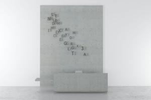 现代水泥饰面前台接待台、字母数字装饰背景墙