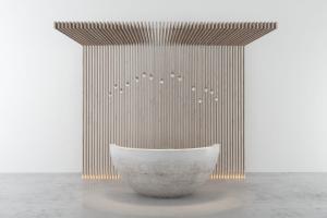 现代半圆形前台接待台和实木栅格背景墙