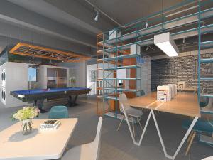 蓝橙色对比工业风办公休闲区