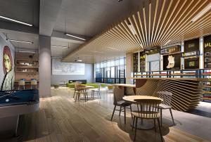 木块放射状排列的工业风办公休闲区、水吧