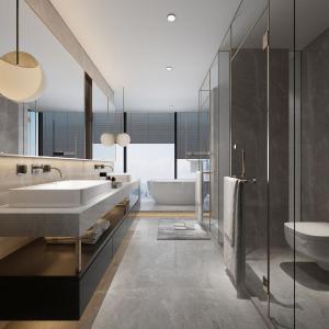 带有浴盆、隔离马桶区的现代卫生间