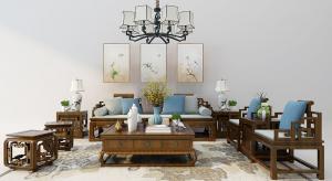 中式实木沙发、茶几、坐墩和吊灯组合