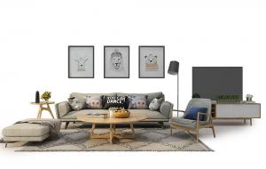 现代北欧沙发、茶几、脚踏和落地灯组合