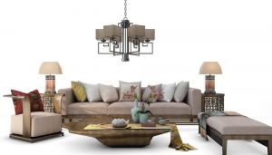 中式沙发、树桩茶几和脚踏组合