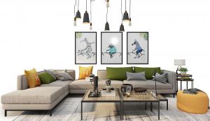 现代转角沙发、茶几、吊灯和装饰画组合