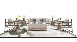 新中式沙发、木桩茶几和地毯组合