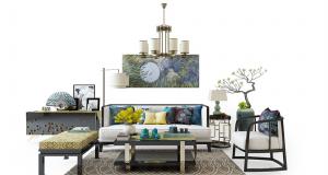 新中式沙发、茶几、脚踏和电视柜组合