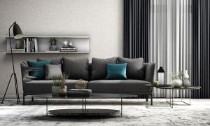 现代布艺沙发、茶几、灰色窗帘和落地灯组合