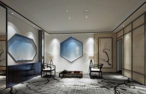 带有六边形窗格装饰的新中式茶馆茶室